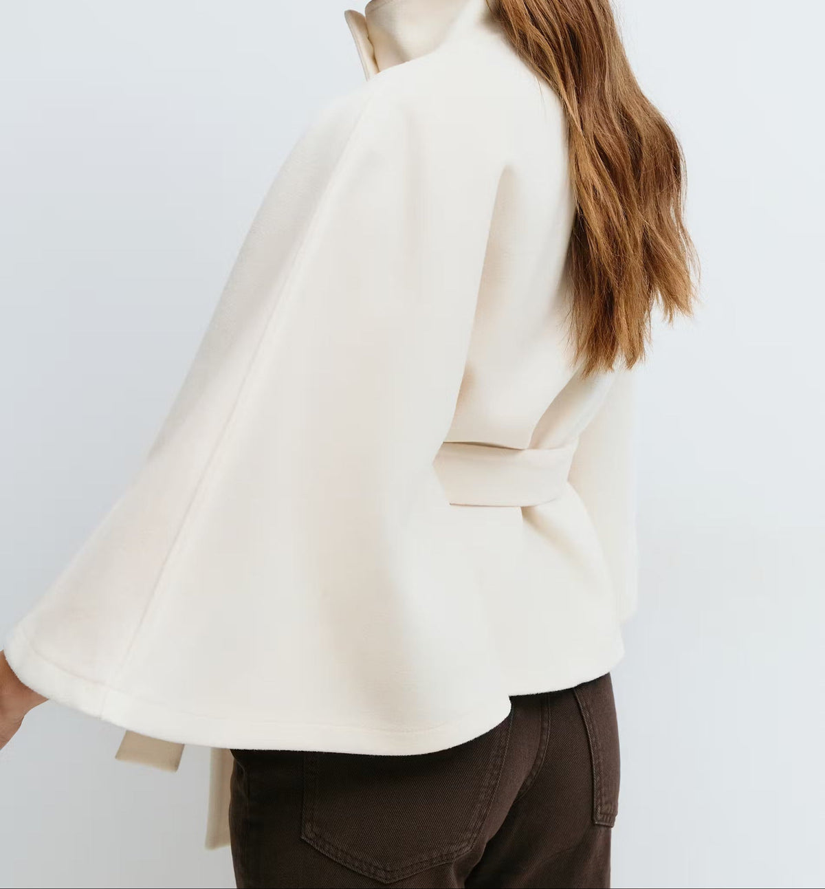High Neck Button Front Belted Cape Jacket