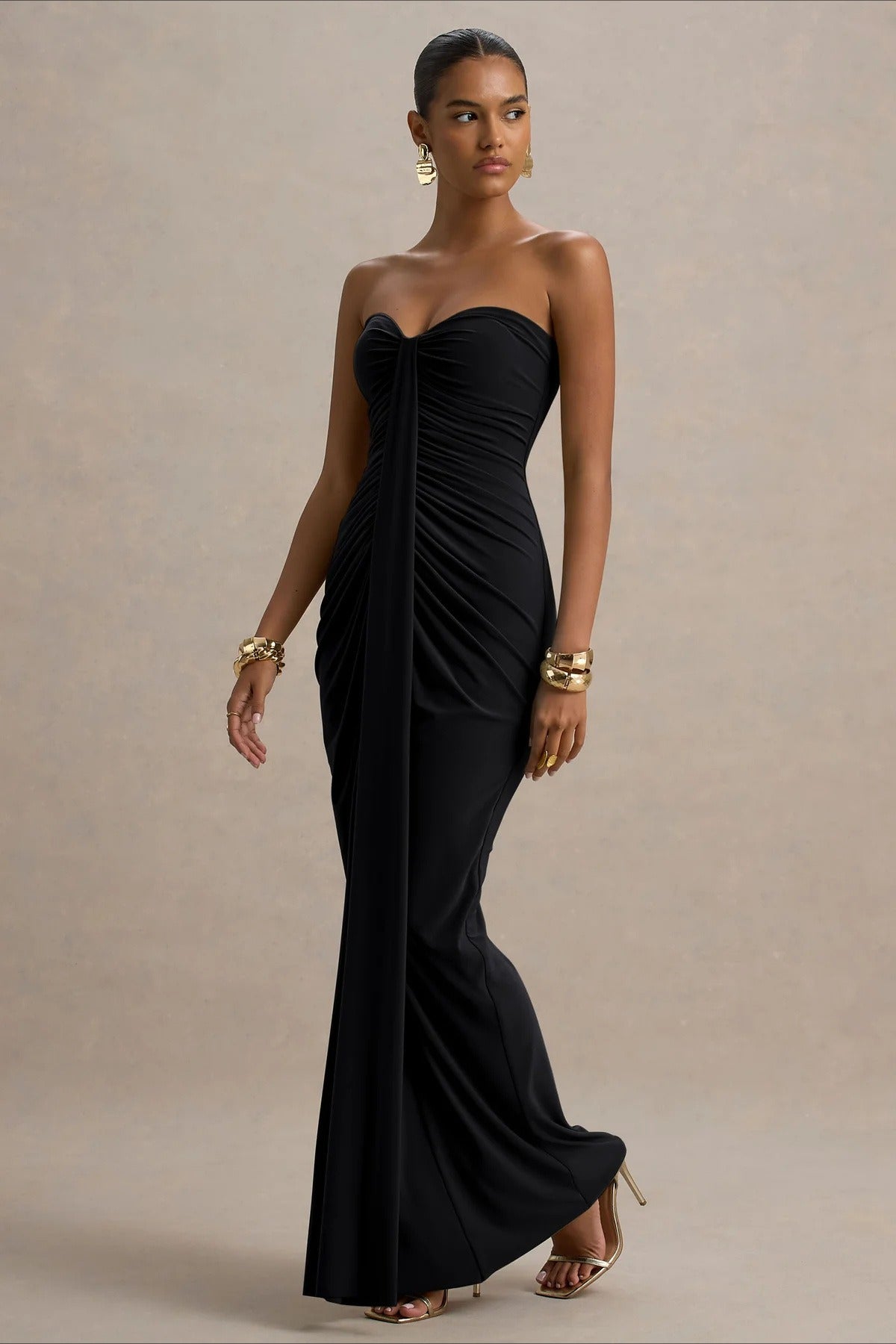 Strapless Sweetheart Ruched Center Drape Panel Column Maxi Formal Gown