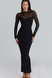 Lace Trim Sheer Mesh Side Slit Fit Floor Lace Dress