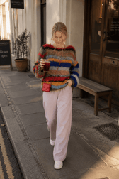 Fashion Contrasting O Neck Hollow Out Knitted Pullover Women Long Sleeve Loose Sweater