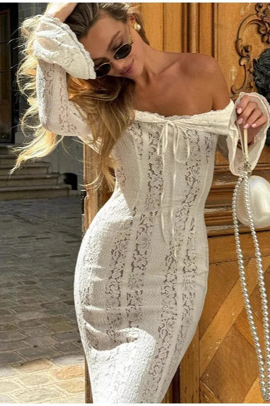 Lace Off Shoulder Tie Front Bell Sleeve Mermaid Maxi Dress 2