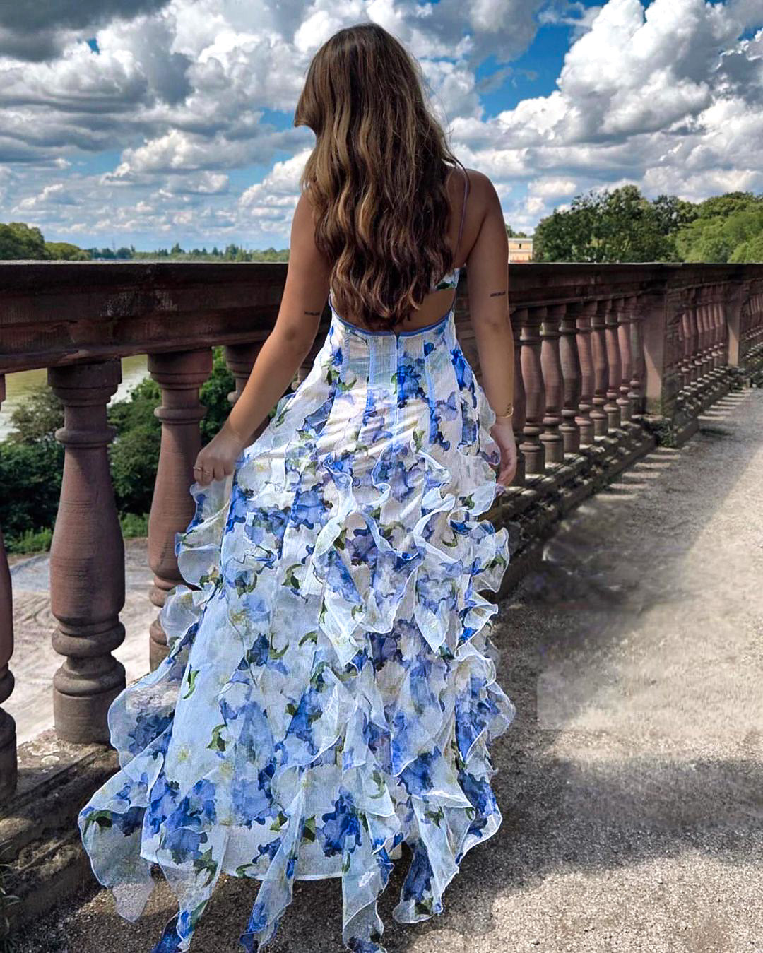 Floral V-Neck Spaghetti Strap Ruffle Maxi Dress