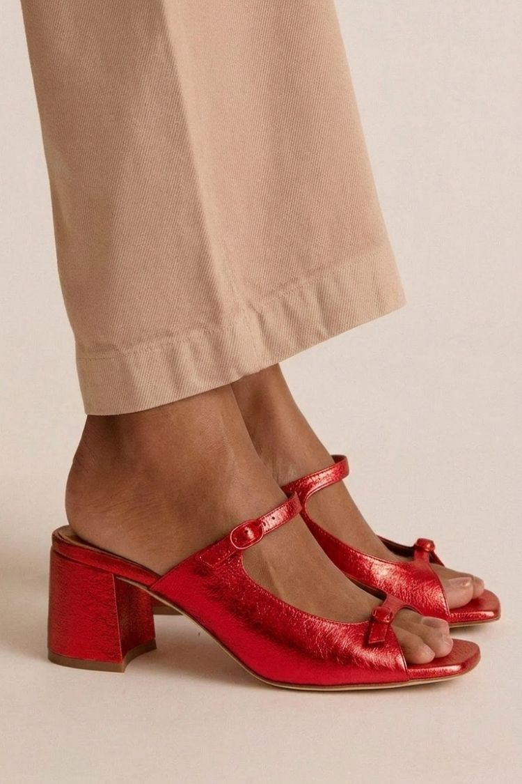 Open Toe T-Strap Contrast Block Heel Mules