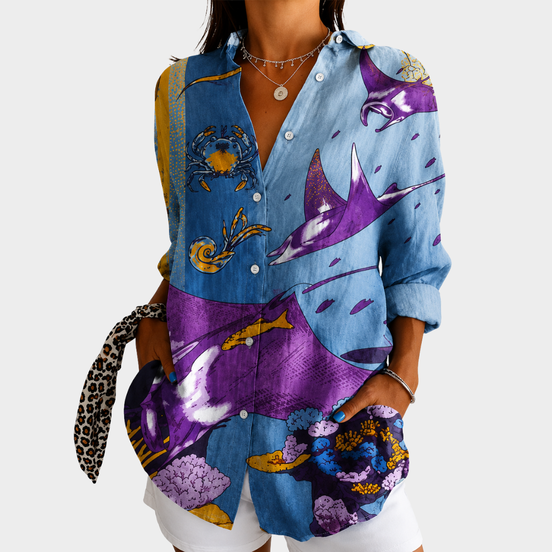 Marine Life Print Long Sleeve Button Front Shirt
