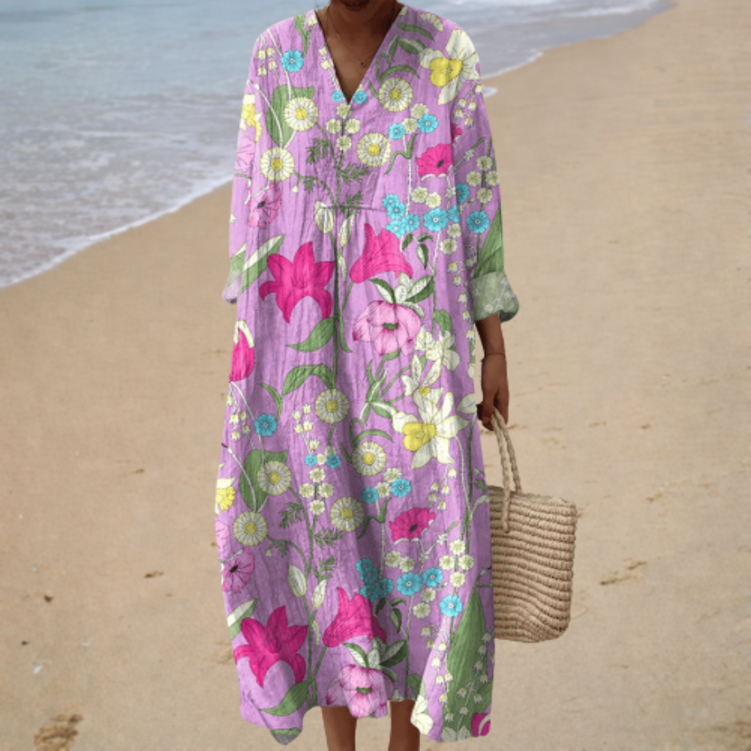 Floral Print V-Neck Long Sleeve Loose Beach Maxi Dress
