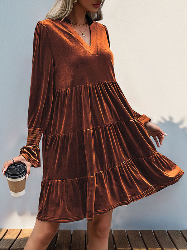 Velvet V-Neck Long Sleeve Tiered Mini Dress 6