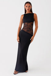 Sheer Lace Satin Panel Backless Fit Lace Dress