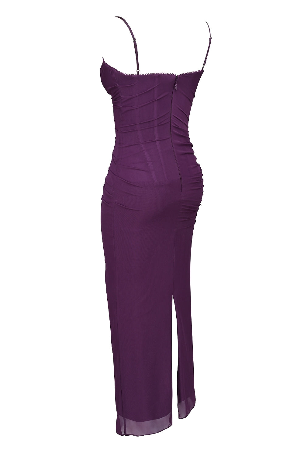 Sheer Mesh Ruched Corset Lace Trim Cami Bodycon Maxi Dress 10