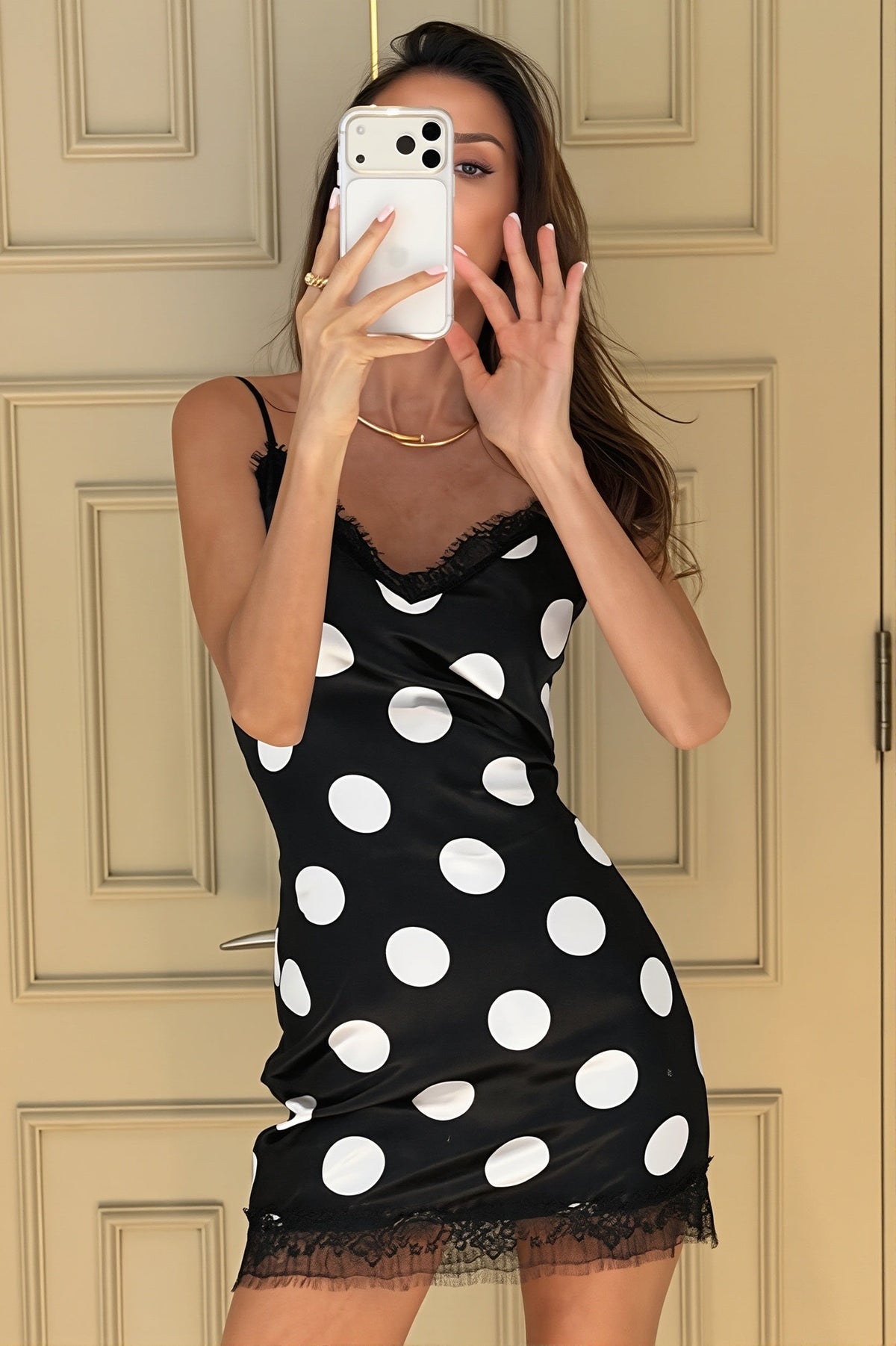 Polka Dot Satin Lace Trim V-Neck Slip Mini Dress