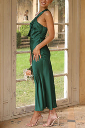 Carrie Satin Drape Twist Detail One Shoulder Midi Dress in Green - View 6