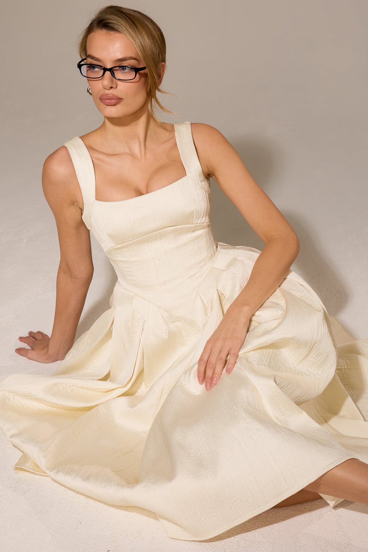 Textured Satin Square Neck Corset Bodice Pleated A-Line Midi Dress 7