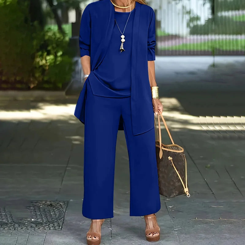 Round Neck Top Open Front Duster and Wide Leg Pants Three Piece Set