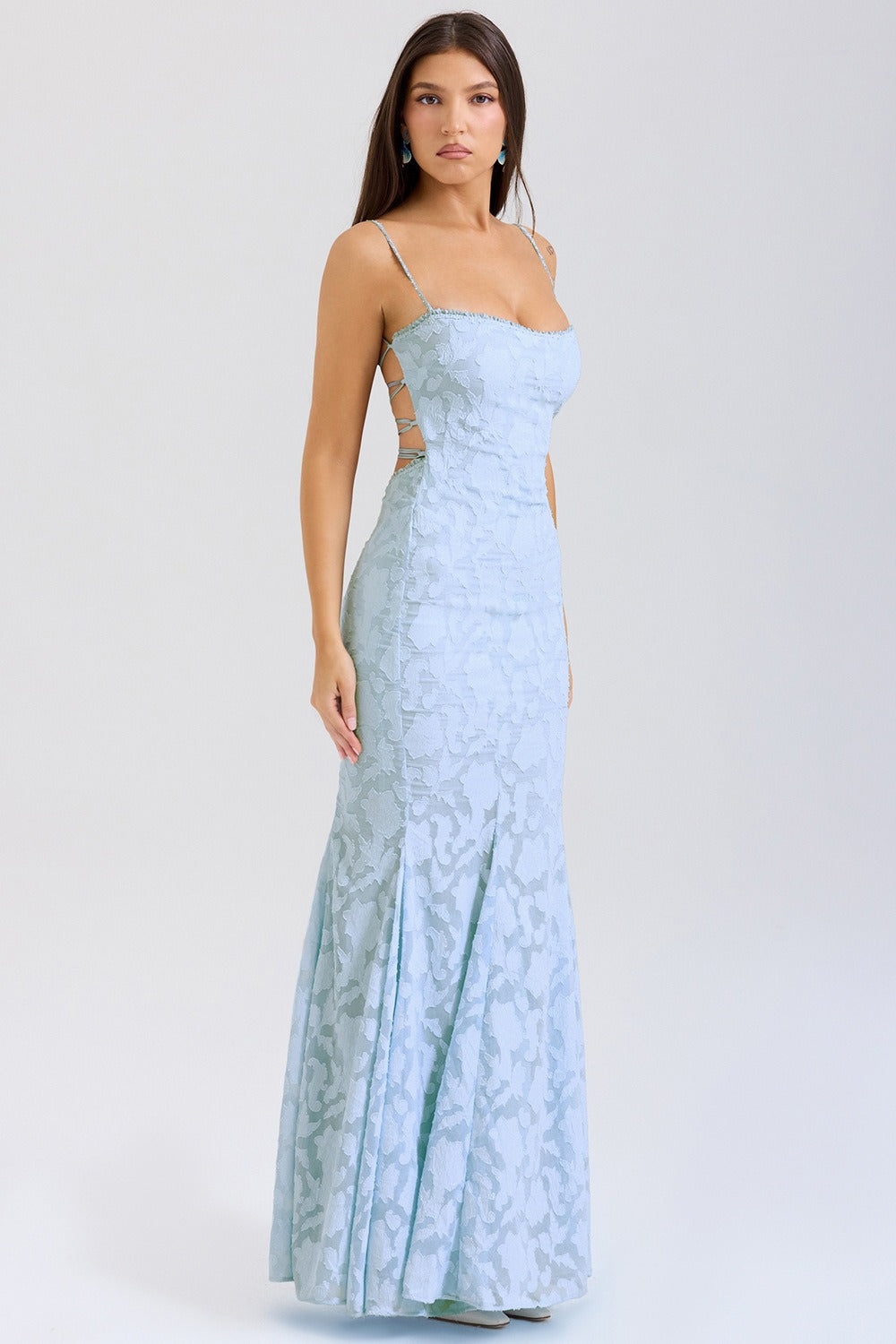 Strapless Lace Backless Waist Tie Maxi Lace Dress