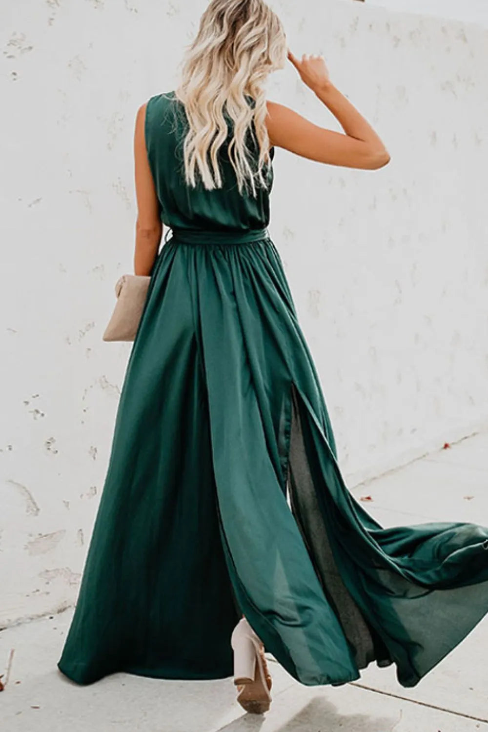 Satin Surplice V-Neck Sleeveless Tie Waist High Split Maxi Dress 13