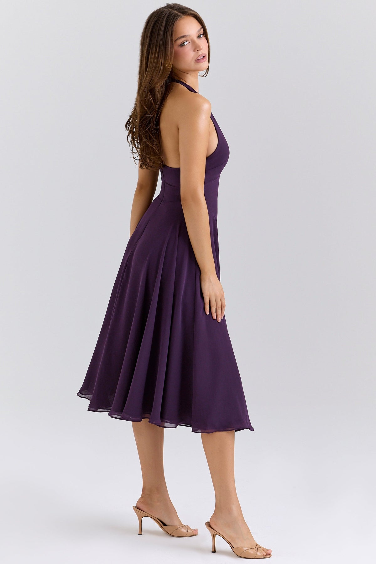 Georgette Halter Plunge Fit and Flare Midi Dress 5