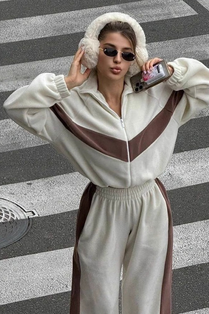 Chevron Colorblock Zip Front Fleece Jacket and Side Stripe Pants Two Piece Set