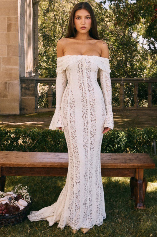 Lace Off Shoulder Bell Sleeve Lace Up Front Mermaid Maxi Dress