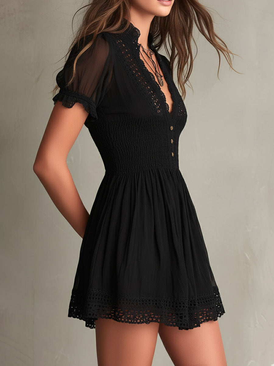 Deep V-Neck Puff Sleeve Smocked Lace Trim Mini Dress