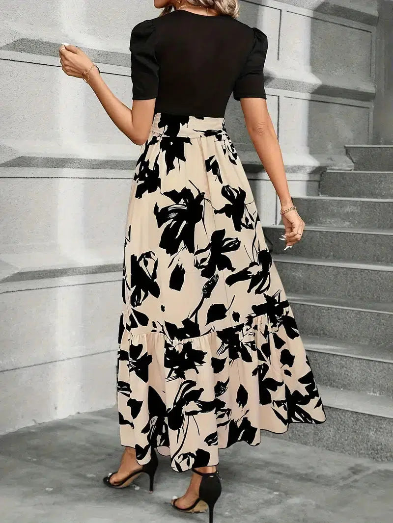 Faux Two Piece Floral Puff Sleeve Tiered Maxi Dress 5