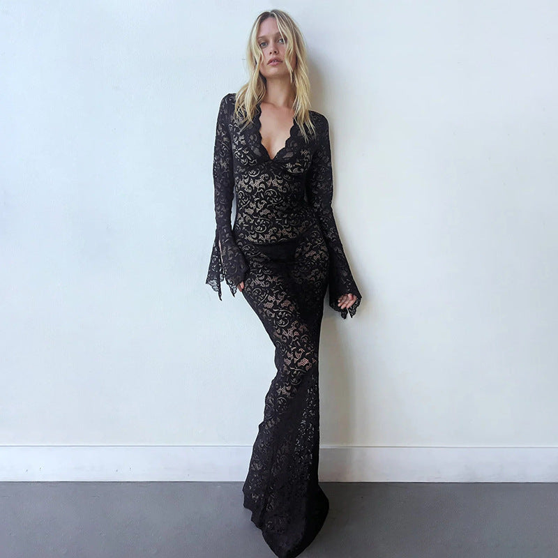 Lace Deep V-Neck Bell Sleeve Mermaid Maxi Gown