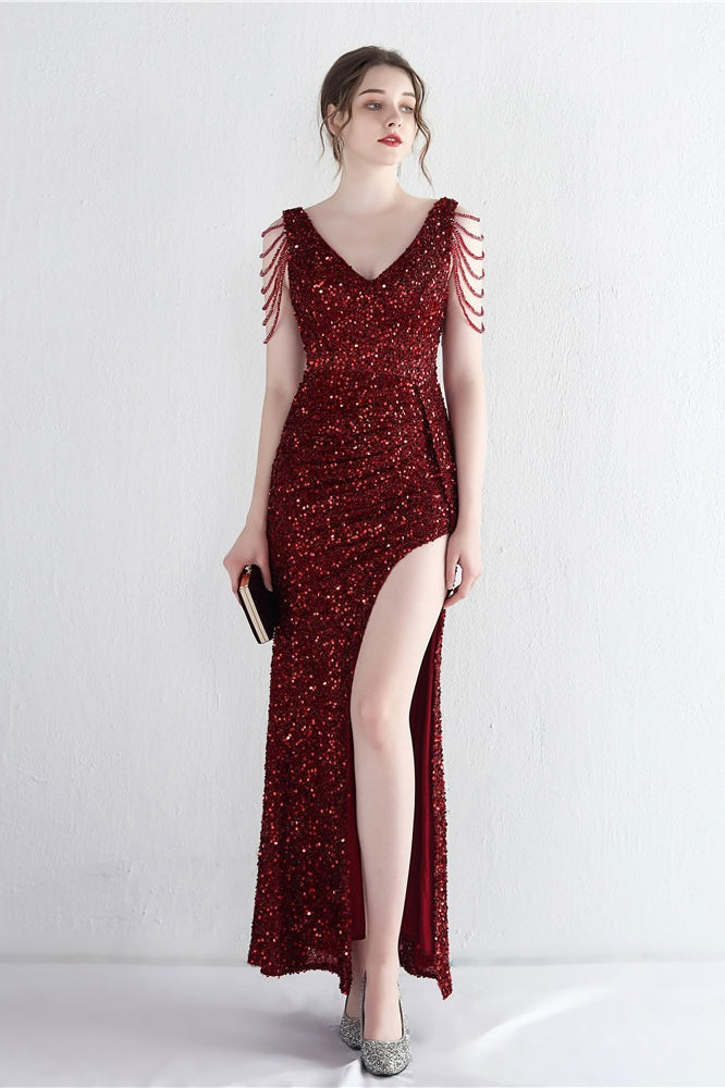 Sequin V-Neck Beaded Fringe High Split Mermaid Gown