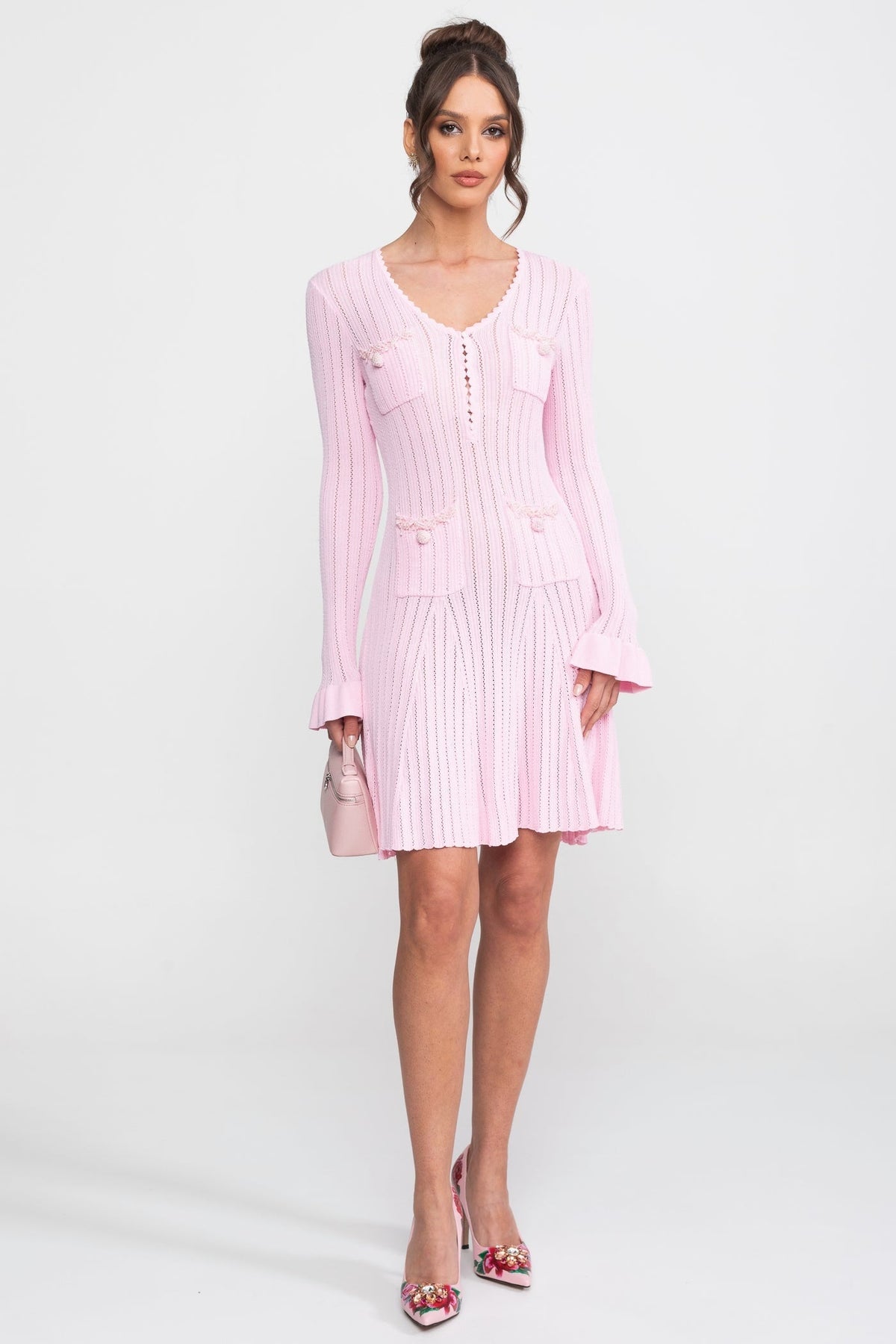 Ribbed Knit Scoop Neck Long Sleeve Ruffle Cuff Pocket Mini Dress 5