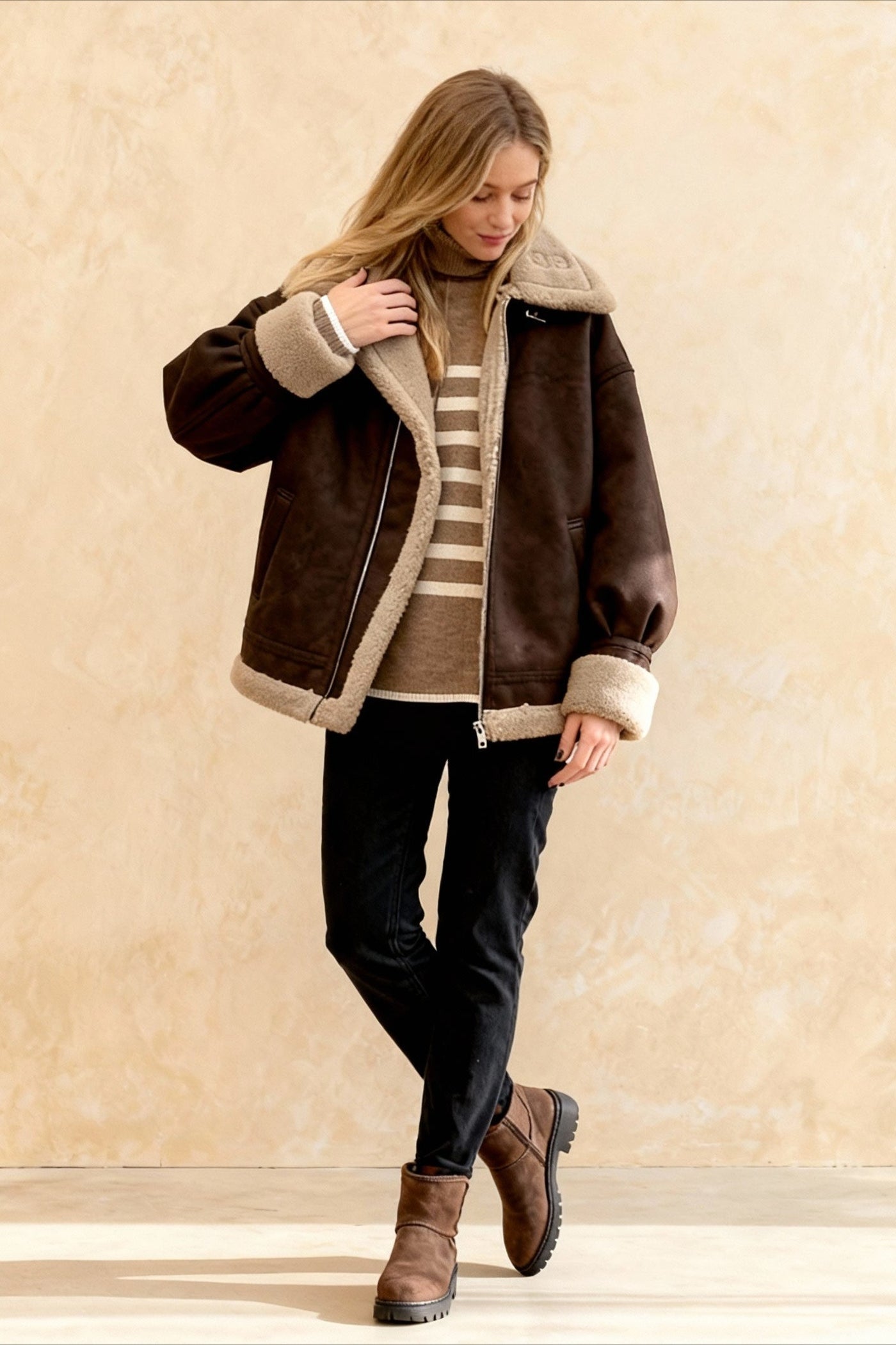 Vintage Oversized Suede Sherpa-Lined Coat