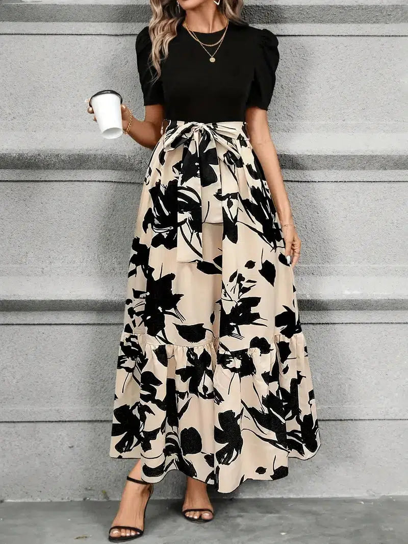 Faux Two Piece Floral Puff Sleeve Tiered Maxi Dress 6