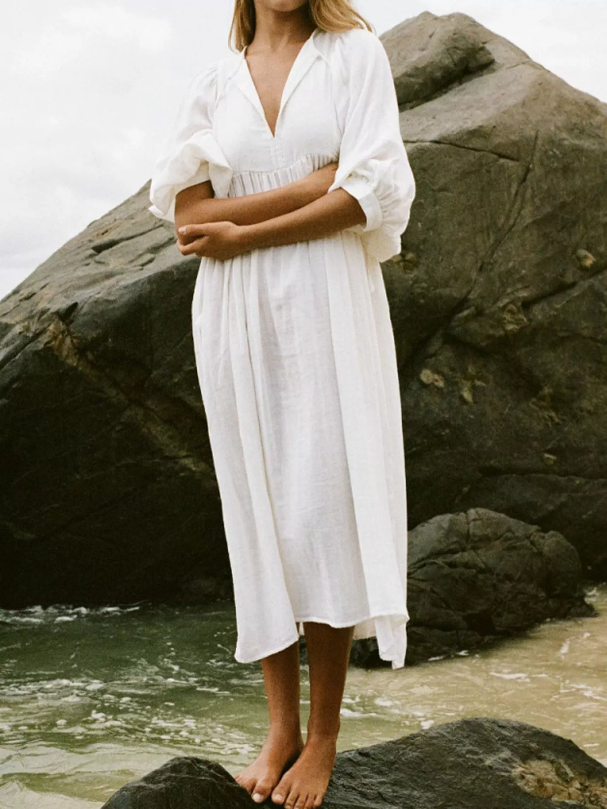 Split V-Neck Tie Neck Puff Sleeve Smock Midi Dress 4