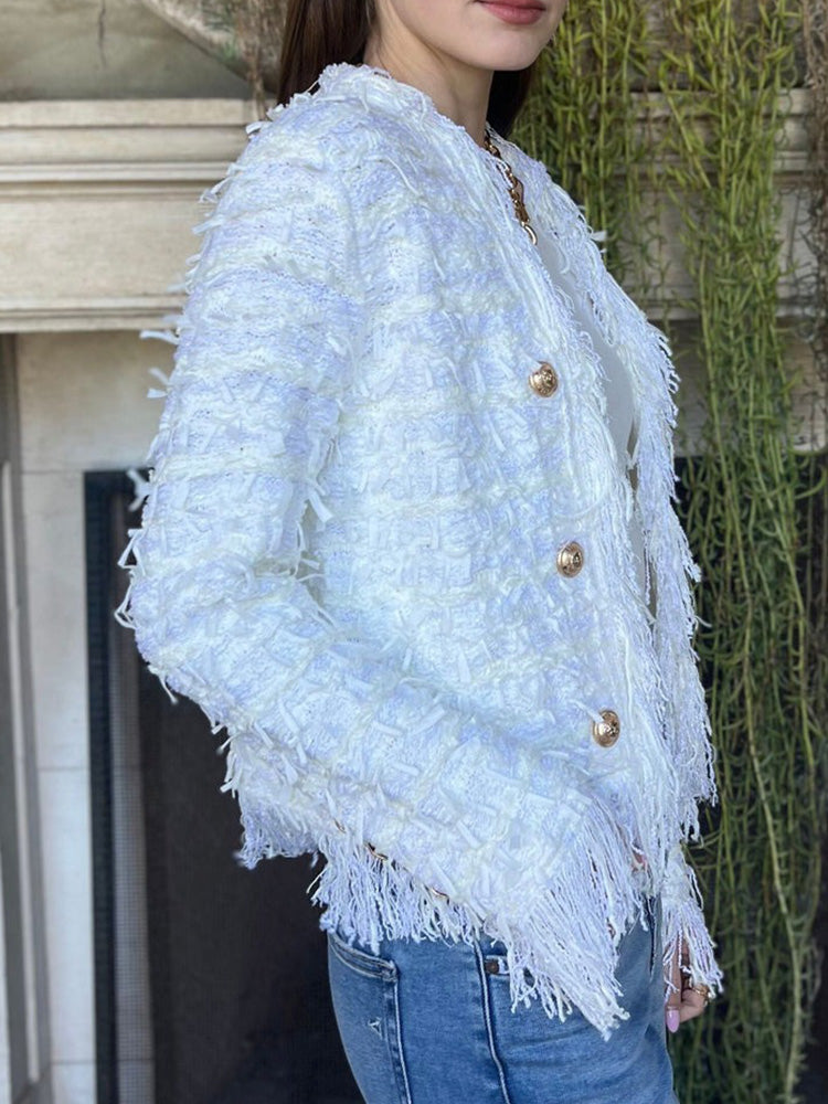 Fringe Trim Gold Button Tweed Jacket