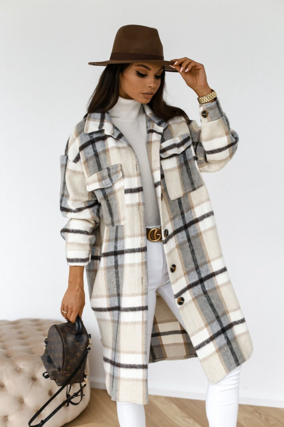 Plaid Button Front Flap Pocket Longline Shirt Coat
