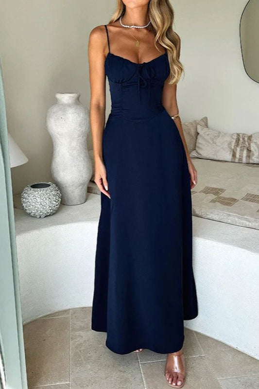 Satin Spaghetti Strap Sweetheart Tie Front Mermaid Maxi Dress