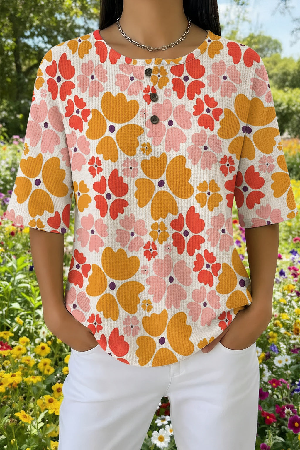 Womens Orange Floral Print Casual Shirt