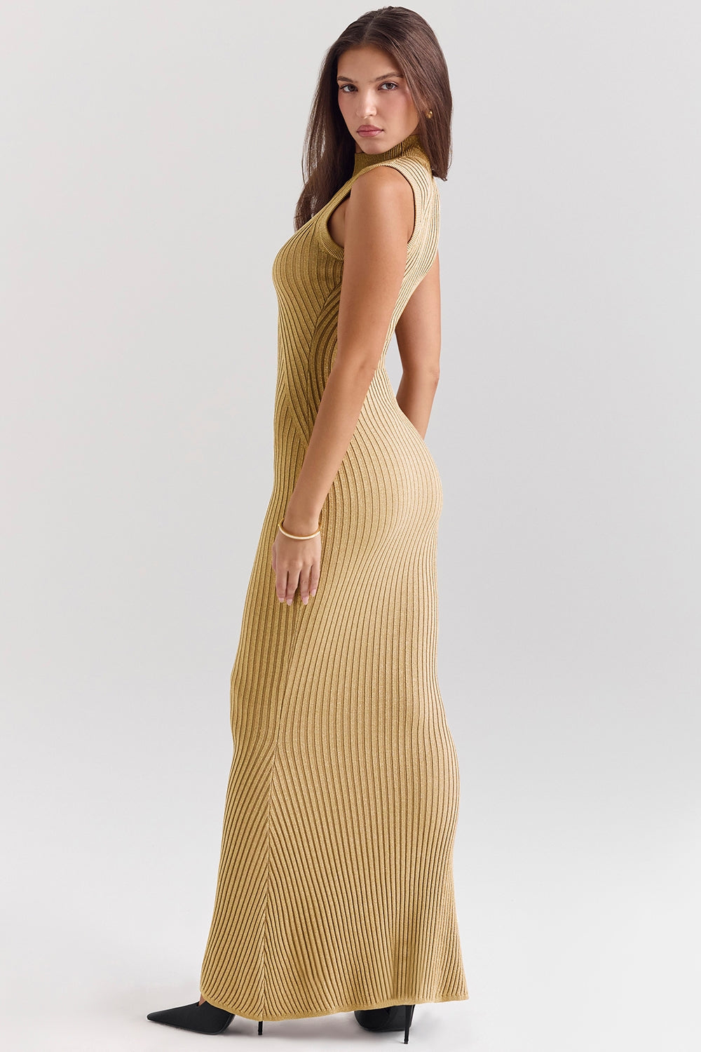 Metallic Ribbed Knit Mock Neck Sleeveless Bodycon Maxi Dress 5