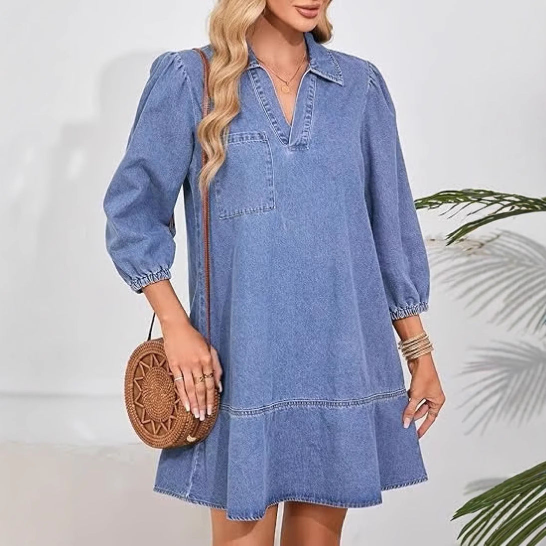 Denim V-Neck Puff Sleeve Pocket A-Line Mini Dress 3