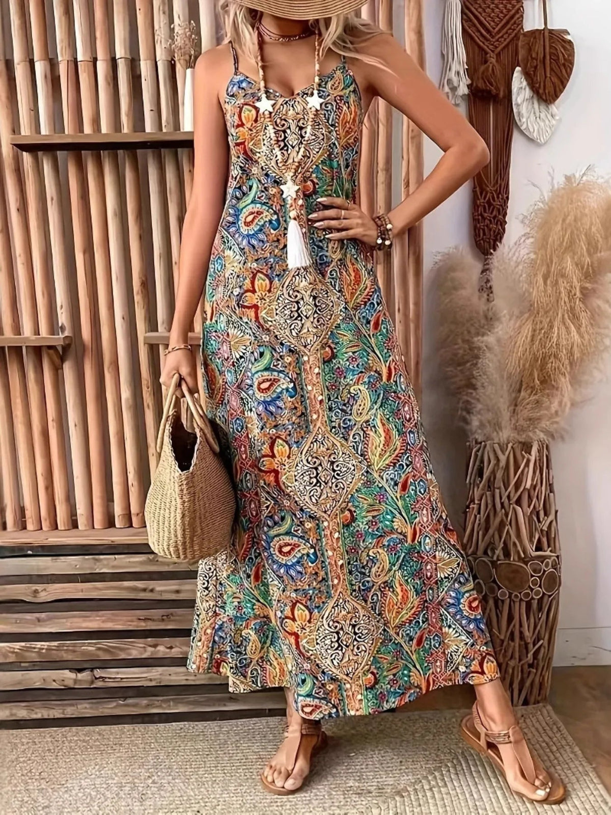 Paisley Print V-Neck Spaghetti Strap Flowy Maxi Dress