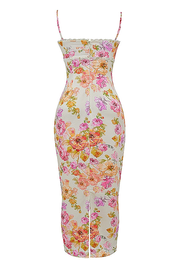 Floral Satin Sweetheart Ruched Bust Spaghetti Strap Maxi Dress 14