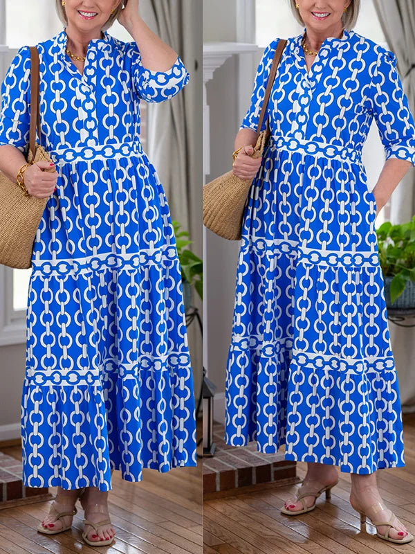 Chain Link Print Collared Long Sleeve Tiered Maxi Dress