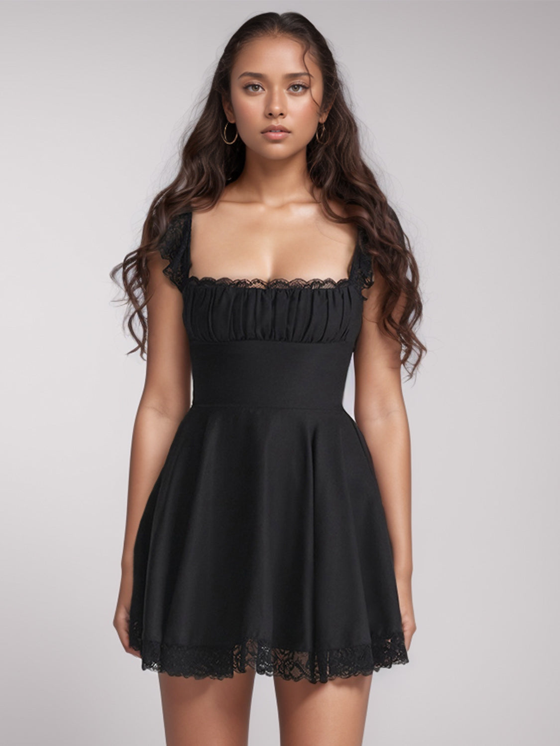 Lace Trim Square Neck Flutter Cap Sleeve Fit and Flare Mini Dress 8