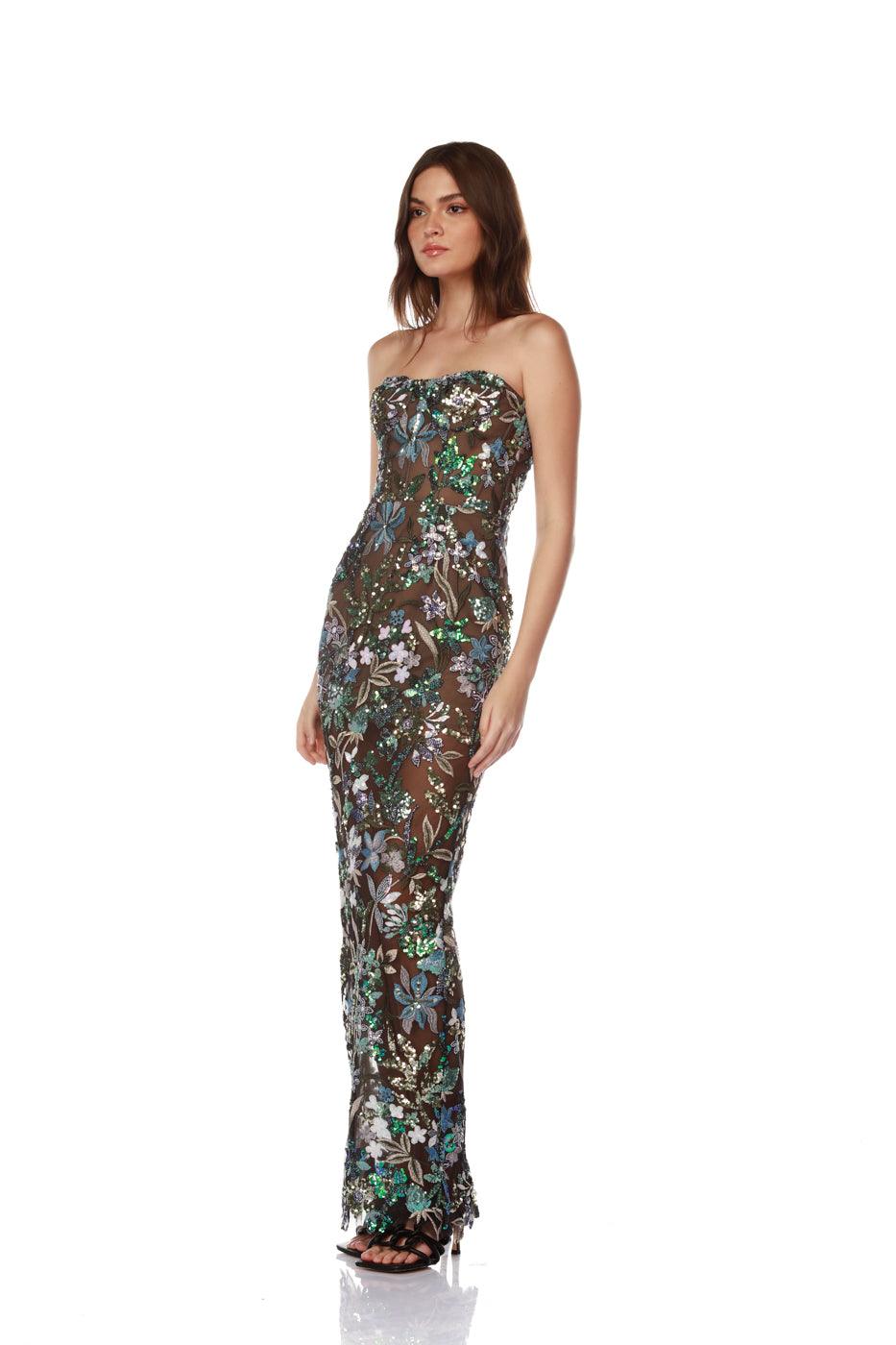 Strapless Floral Sequin Embroidered Mesh Column Maxi Dress 5