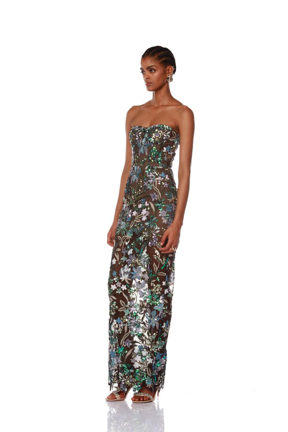 Strapless Floral Sequin Embroidered Mesh Column Maxi Dress 2
