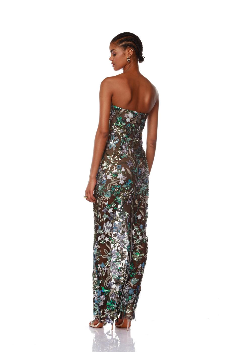 Strapless Floral Sequin Embroidered Mesh Column Maxi Dress 3