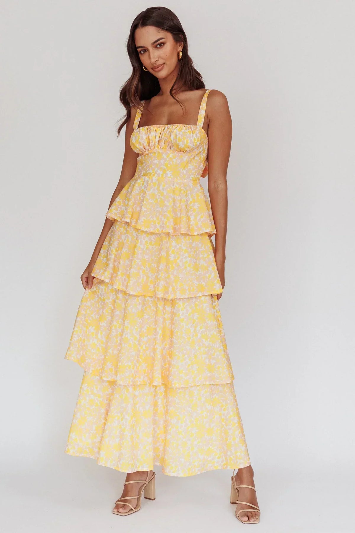 Floral Print Square Neck Ruched Bust Tiered Ruffle Maxi Dress
