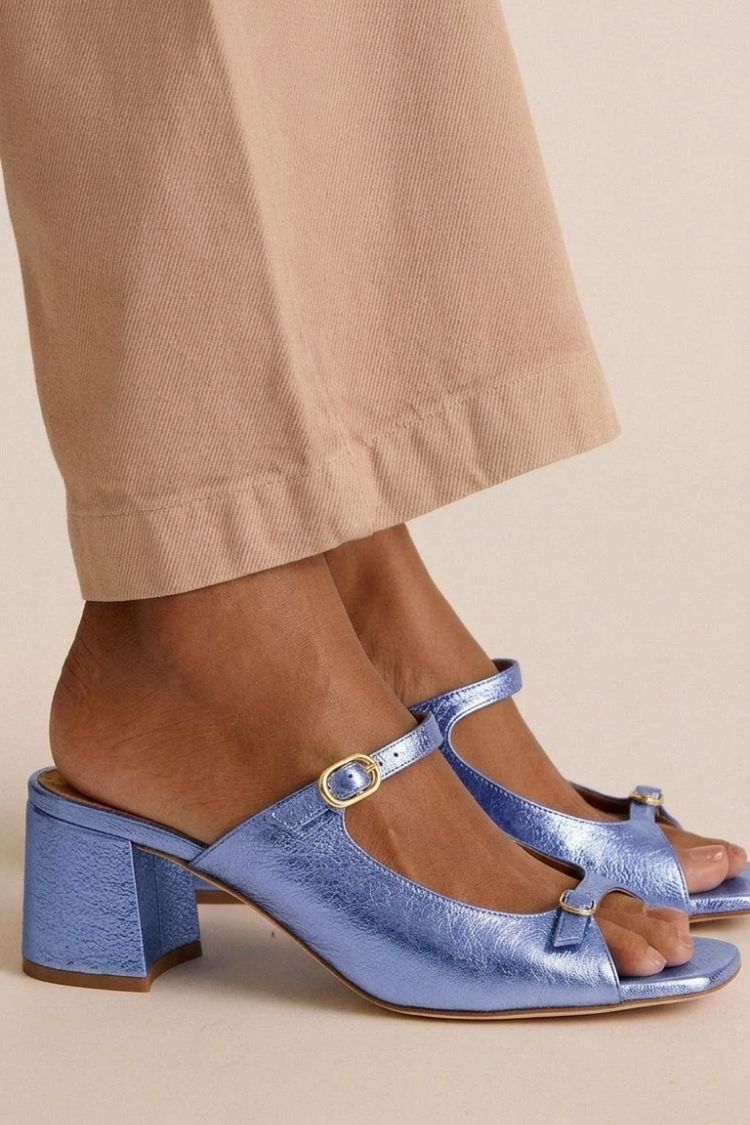 Open Toe T-Strap Contrast Block Heel Mules