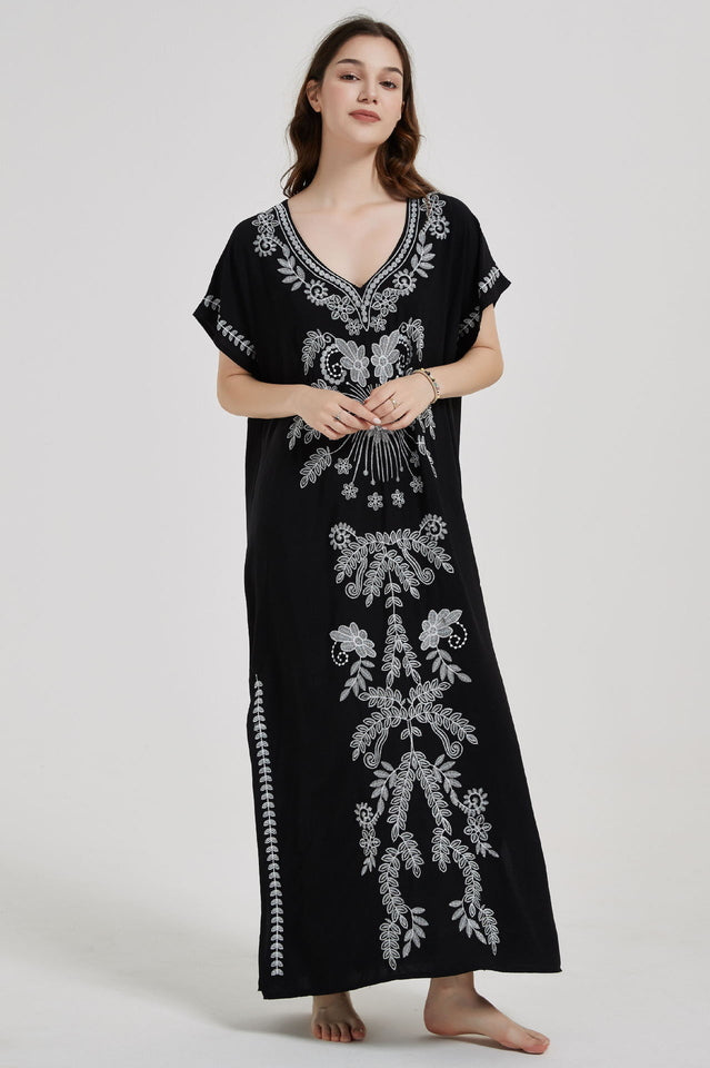 Embroidered V-Neck Short Sleeve Kaftan Maxi Dress 32