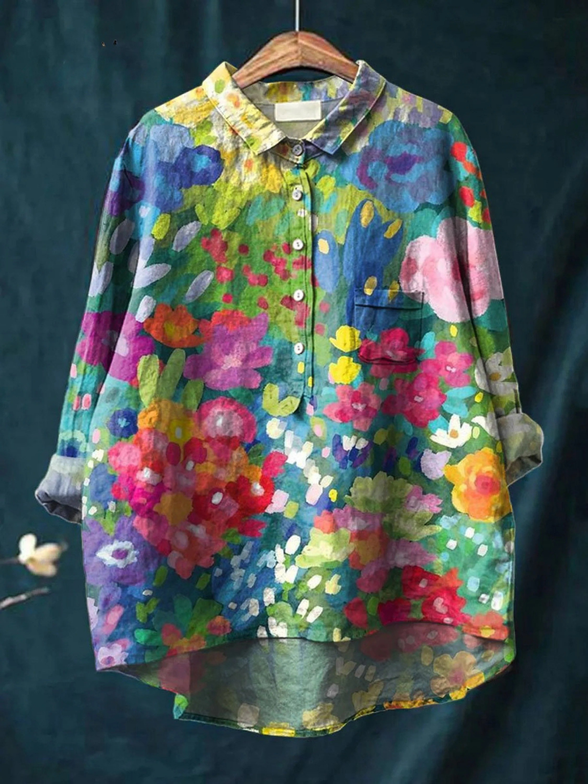 Floral Art Print Collared Long Sleeve Button Front Shirt