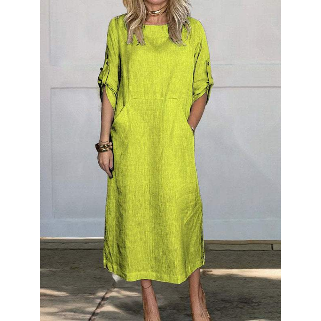 Round Neck Roll Tab Sleeve Pocket Side Slit Shift Maxi Dress