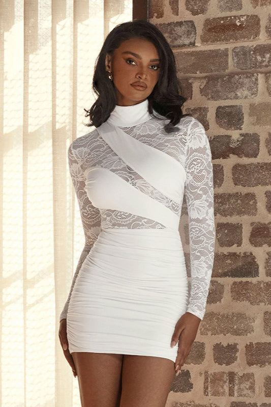 Sheer Lace Panel Mock Neck Sleeve Fit Lace Dress