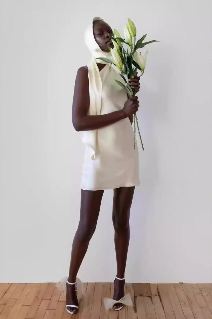 Backless Adjustable Halter Satin Cocktail Dress - View 2