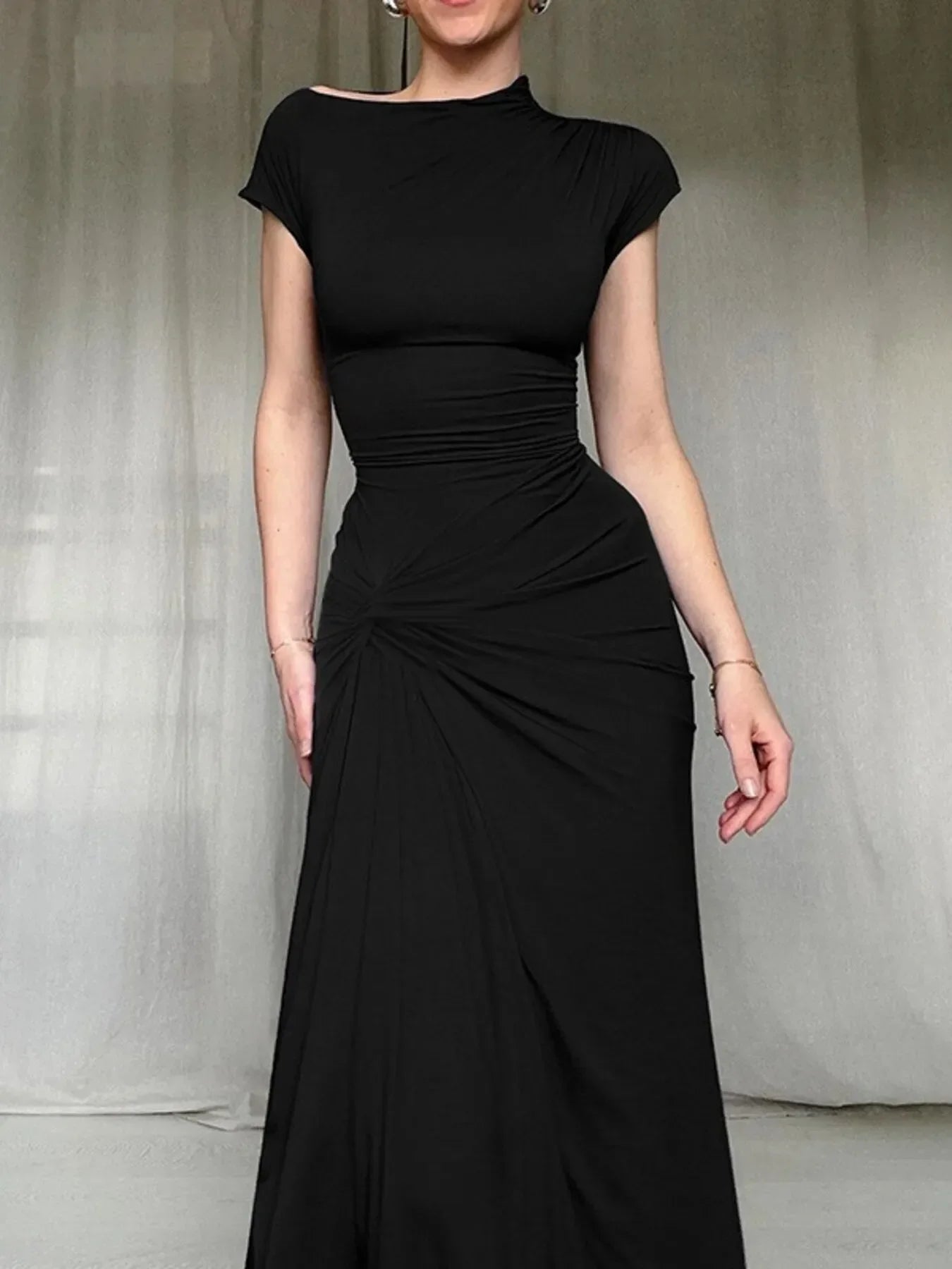 Ruched Slit Cap Sleeve Maxi Dress Black